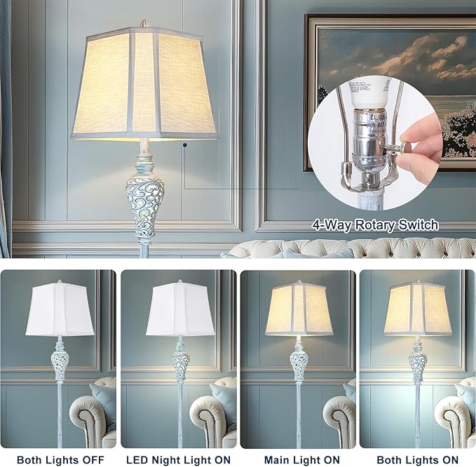 Vintage Floor Lamp with Nightlight, 65" Retro Standing Lamp with White Linen Shade, Washed Blue Finish Farmhouse Style Design Tall Lamp Decor for Living Room Bedroom Study Home Corner (Bulb Included)