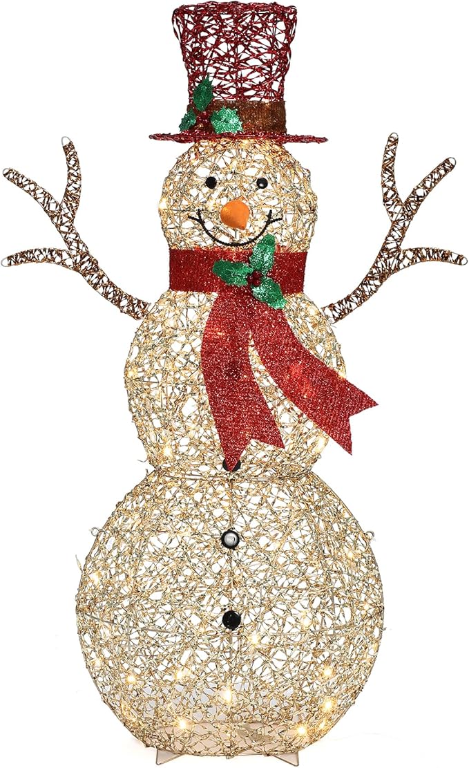 LuxenHome 4FT Lighted Snowman Outdoor Christmas Decorations, Gold Light Up Snowman Christmas Decor with 70 LED Light, Red Scarf & Hat, Xmas Decorations Outdoor, Indoor for Porch, Lawn Holiday Display