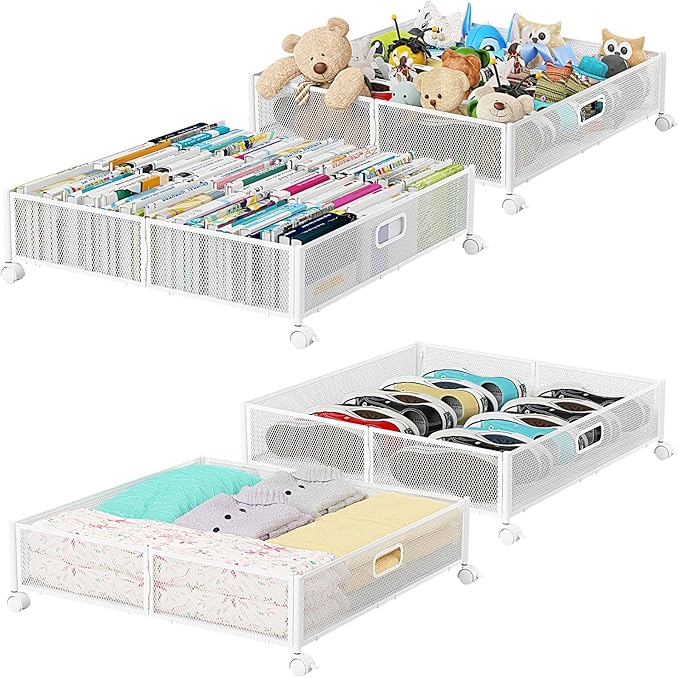 Under Bed Storage, Under the Bed Storage Containers with Wheels, Under Bed Shoe Storage Organizer Drawer, Tool-free Assembly Metal Underbed Storage Containers for Bedroom Clothes Shoes Blankets -4PCK