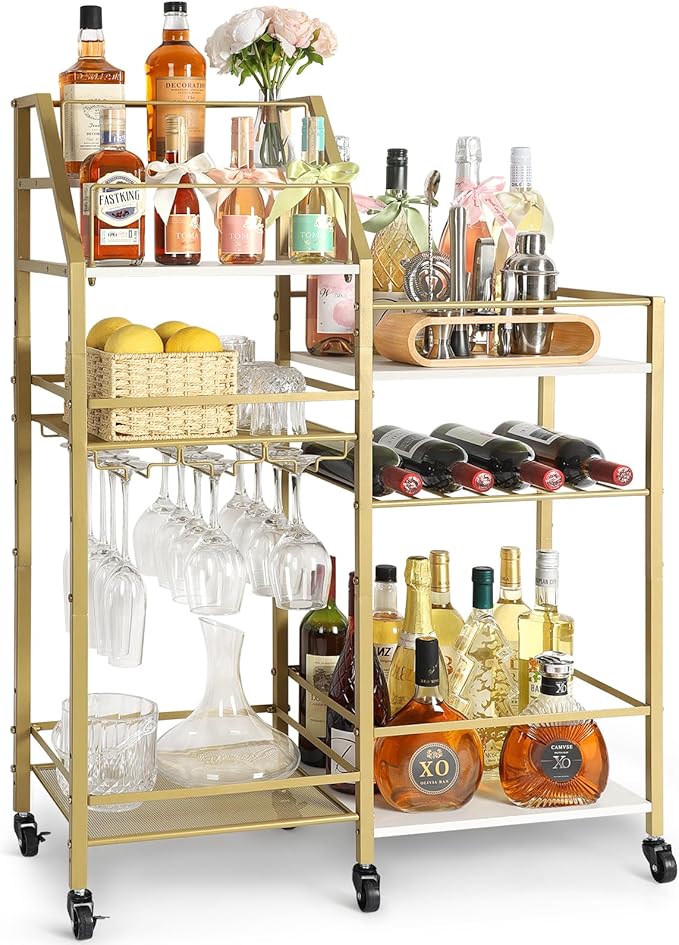 VINAEMO Gold Bar Cart With Wine Glass Holder, Stand for Home, Small Mini Bar for Whiskey Wine, Liquor Cart, Alcohol Cabinet for Kitchen, Dining Room