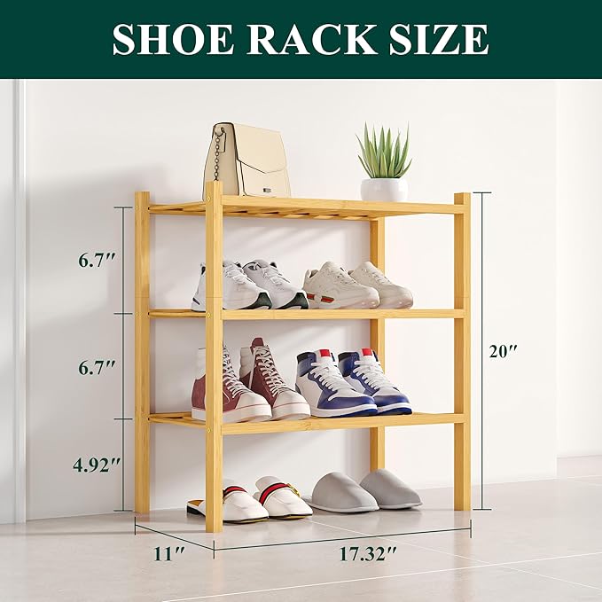 Smiry Shoe Rack, 3 Tier Small Bamboo Shoe Organizer, Stackable Free Standing Wooden Shoe Storage Shelf for Closet, Entryway, Front Door Entrance, Natural