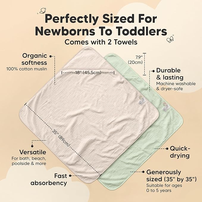 KeaBabies Muslin Hooded Baby Towels for Newborn Girls, Boys - 2-Pack, 35x35 Organic Cotton Baby Bath Towels Hooded, Soft Absorbent, Toddlers, Kids, Infant, Newborn Bath Essentials (Sage, Regular)