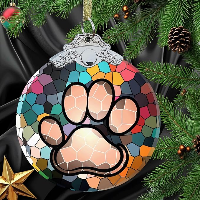 Dog Paw Print Christmas Ornament -Dog Memorial Gifts for Pet Lover - Paw Print Christmas Tree Hanging Ornament Crystal Glass 3"