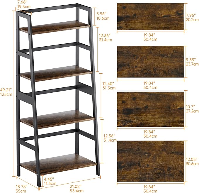HITNET Ladder Shelf, 4 Tier Bookshelf with Bamboo Frame, Freestanding Bathroom Storage Shelving Unit for Living Room, Home Office, Bedroom, Rustic Brown and Black