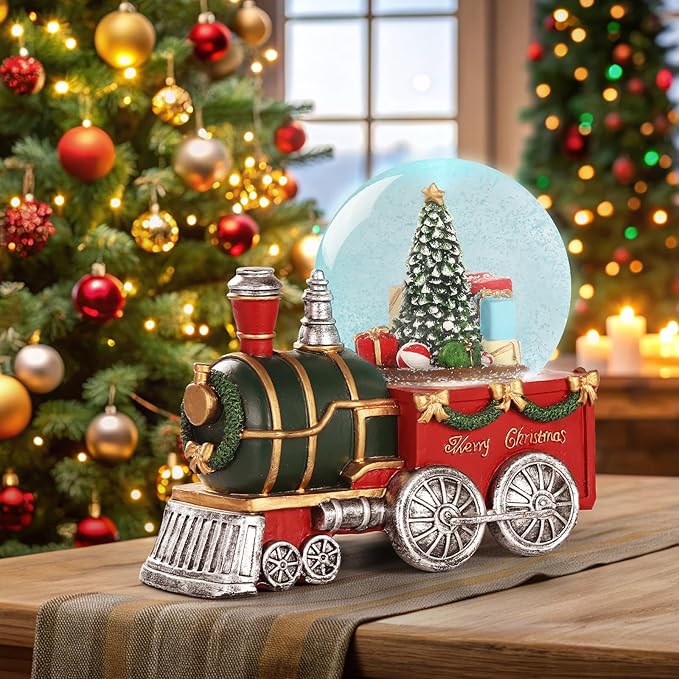 Json Lighted Musical Christmas Train Snow Globe Lantern with Christmas Trees, Battery Operated Water Glittering Lantern with Music and 6H Timer Christmas Table Centerpiece Decoration and Gift
