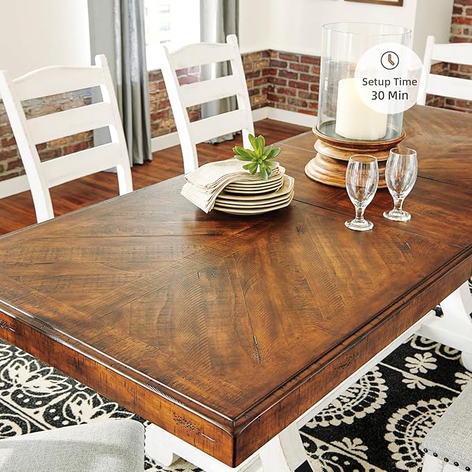 Signature Design by Ashley Valebeck Farmhouse Rectangular Extension Dining Table, Fits up to 8, White & Brown
