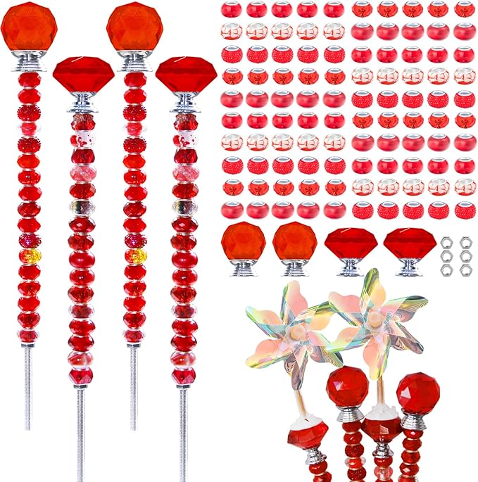 101 PCS Beaded Garden Stakes Kit, DIY Fairy Wand Garden Stake Beads Kits with Red Large Hole Beads 4 Crystal Stopper Top Threaded Rods and 2 Colored Small Windmills for Outdoor Indoor Decor
