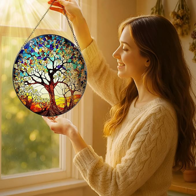 Stained Glass Window Hanging, LAOWEIKI 8'' Tree of Life Suncatcher, Stained Glass Ornament, Suncatchers for Windows Hanging, Window Decor, Outdoor or Indoor, Gifts for Women, Lovers, Couple, Friends