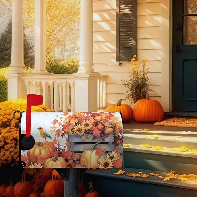 Fall Sunflower Mailbox Covers Magnetic Standard Size Autumn Bird Mailbox Cover Maple Leaf Thankful Pumpkin Mail Box Post Cover Waterproof Thanksgiving Mail Wraps for Garden Yard 21x18 Inch