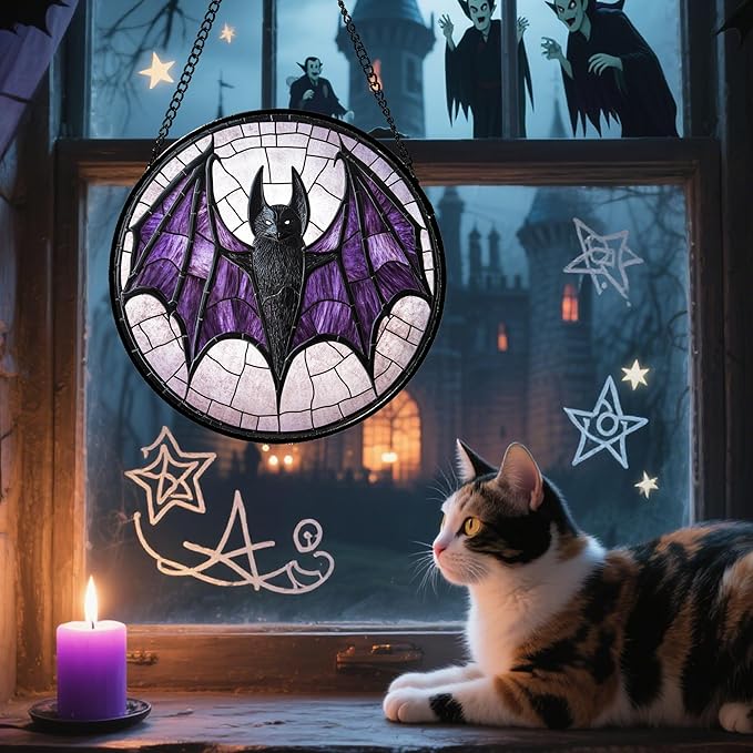 Stained Glass Window Hanging - Halloween Black Bat Purple Wings Monster Suncatcher for Doors Garden Home Spooky Sun Catchers Gothic Decor Horror Gift for Women Men Friend Boy Girl 7.8 in