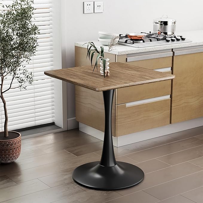 Walnut Square Tulip Table for 2, 24 Inch Small Dining Table with Metal Pedestal Base for Kitchen, Mid-Century Modern Table with Round Corners for Living Room, Cafe and Home Office