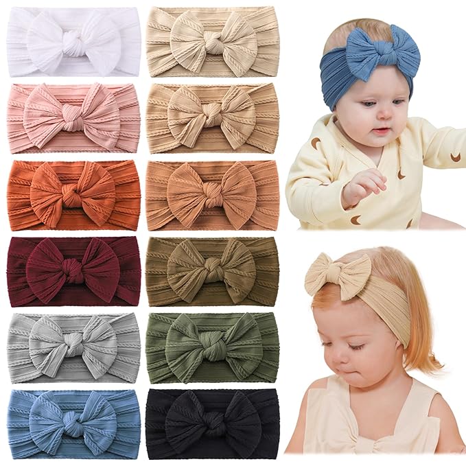 jollybows 12pcs Nylon Headbands for Baby Girls Infant Baby Bows Newborn Hairbands Toddler Hair Bow Elastics Head Wraps