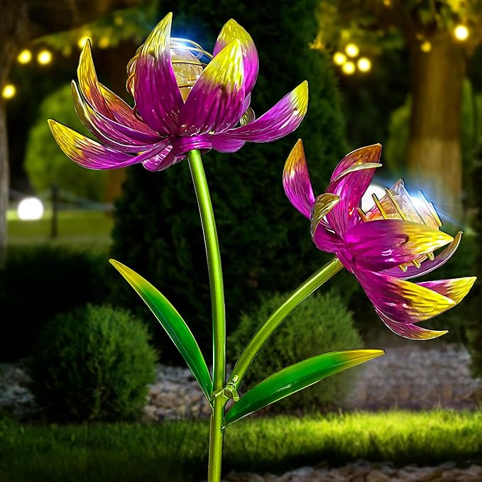 Solar Wind Spinner Outdoor, 63 Inch Metal Wind Spinner Yard Art with Lights - Twin Flower Design Pinwheels for Yard and Garden Decor, Solar Garden Decor