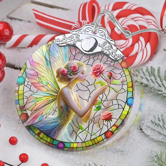 Enchanting Fairy & Rose Stained Glass Hanging Decor - Christmas Tree Ornament - Gift for Women, Mom