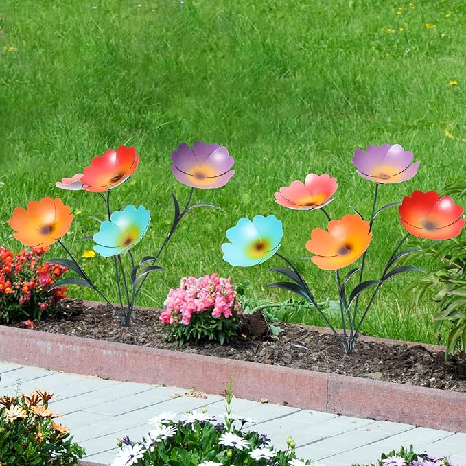 2 Pack Metal Flowers for Outdoor, Decorative Garden Stakes Yard Art, Outdoor Spring Garden Stake Summer Decor Bouquet of Poppy Flower Rustic Handcrafted Items for Lawn Porch Fence(Colorful)