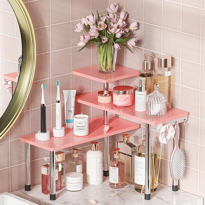 ZHWS Bathroom Counter Organizer Corner Shelf – Bathroom Organization Bamboo 3 Tier Spice Rack Makeup Organizer Bookshelf Space Saving Rack Kitchen Office Living Room (Pink)
