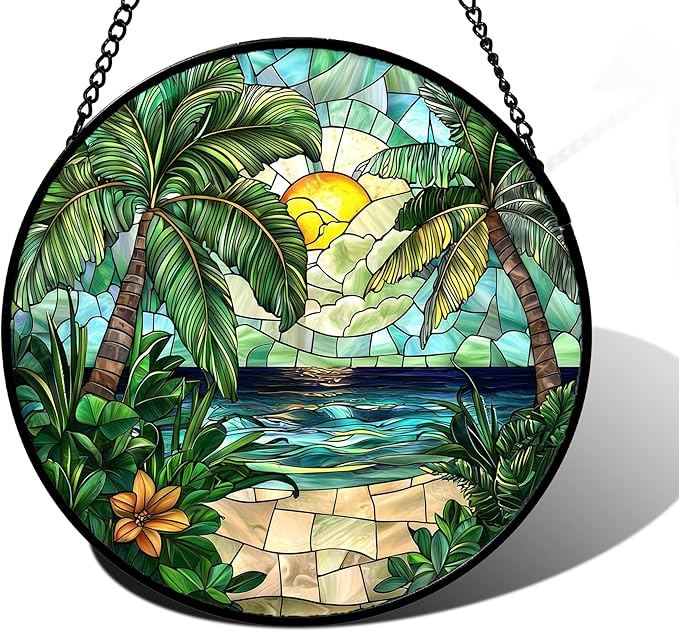 Stained Glass Window Hanging, Green Beach Scenery Suncatcher Diamond Glass Panel Hangings Sun Catchers Decor for Birthday for Women, Men, Wife, Aunt, and Mom 9.8 in