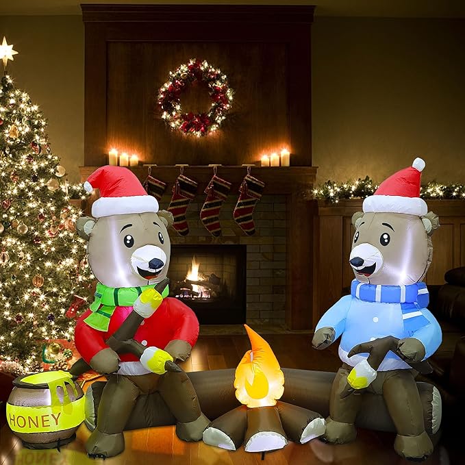 Joliyoou 7FT Christmas Inflatable Decorations, Light Up Sitting Bears Roasting Marshmallows Over Campfire, Xmas Lighted Blowups for Winter Yard Lawn Garden Indoor Outdoor Decor