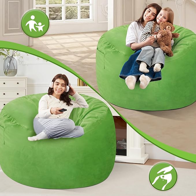 Homguava 4 FT Bean Bag Chair: 4' Bean Bags with Memory Foam Filled, Large Beanbag Chairs Soft Sofa with Dutch Velvet Cover-Lime