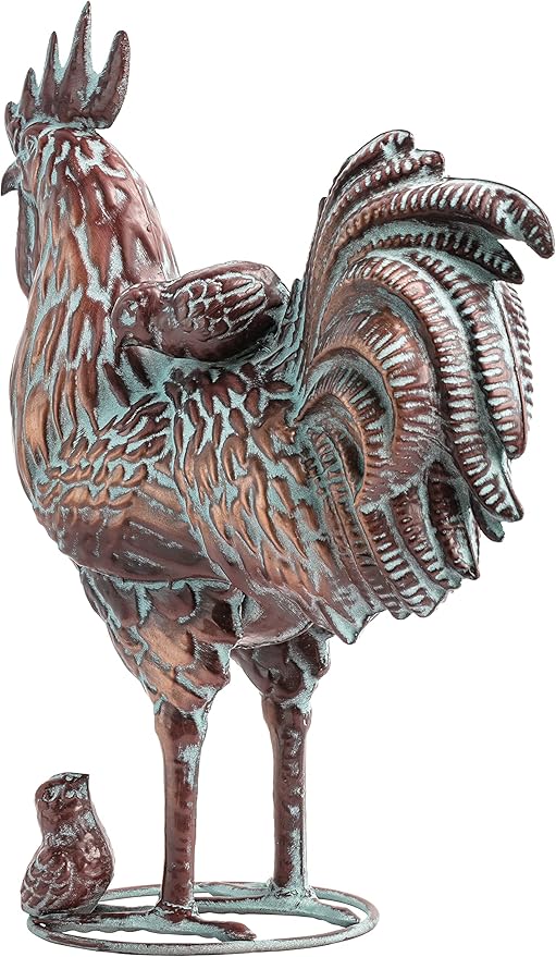 Metal Rooster w/ Chicks Statue Garden Yard Decor,15.7"L x 18.8"H Metal Chickens Yard Art, Vintage Outdoor Chicken Rooster Figurine for Backyard Patio Lawn Home Decoration, Gift for Chicken Lovers