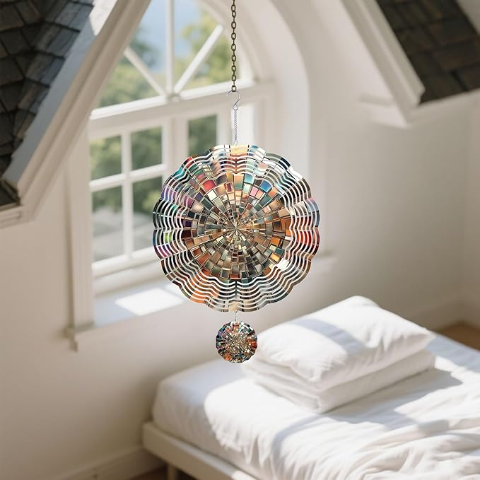 Wind Spinners Outdoor, Silver Mosaic Modern 3D Stainless Steel Wind Sculpture Spinner for Garden Outside Hanging Decor Mother's Day Christmas Birthday Gifts for Women Men Mom Nana 9.8 in