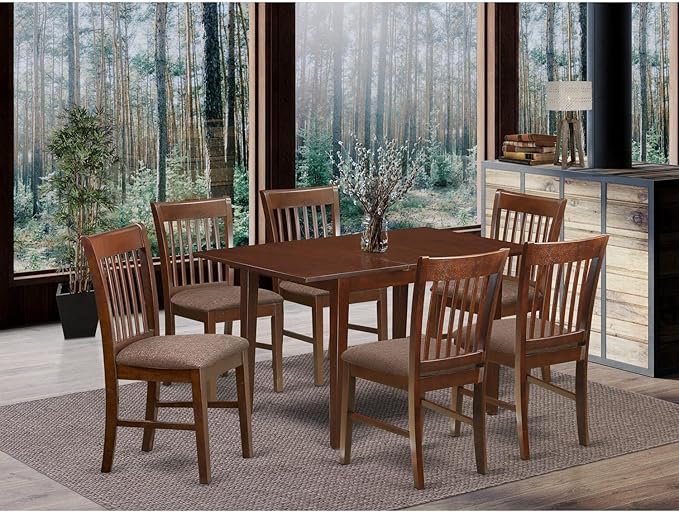 East West Furniture PSNO7-MAH-C 7 Piece Dining Room Furniture Set Consist of a Rectangle Wooden Table with Butterfly Leaf and 6 Linen Fabric Upholstered Chairs, 32x60 Inch, Mahogany