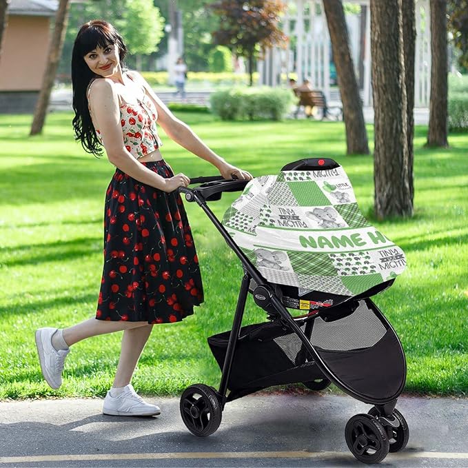 Personalized Cute Elephant Green Plaid Baby Car Seat Cover for Babies with Name, Custom Baby Car Seats Canopy for Boys Girls, Nursing Breastfeeding Stroller Covers Infant Car Seat Blanket for Newborn