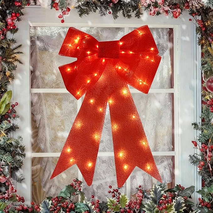 Christmas Bow Decorations Lighted Giant Christmas Bows Decoration 24 Inch Red Xmas Bows with LED Lights Xmas Tree Decorations Wreath Yard Décor Light for Indoor Outdoor Decor (2)