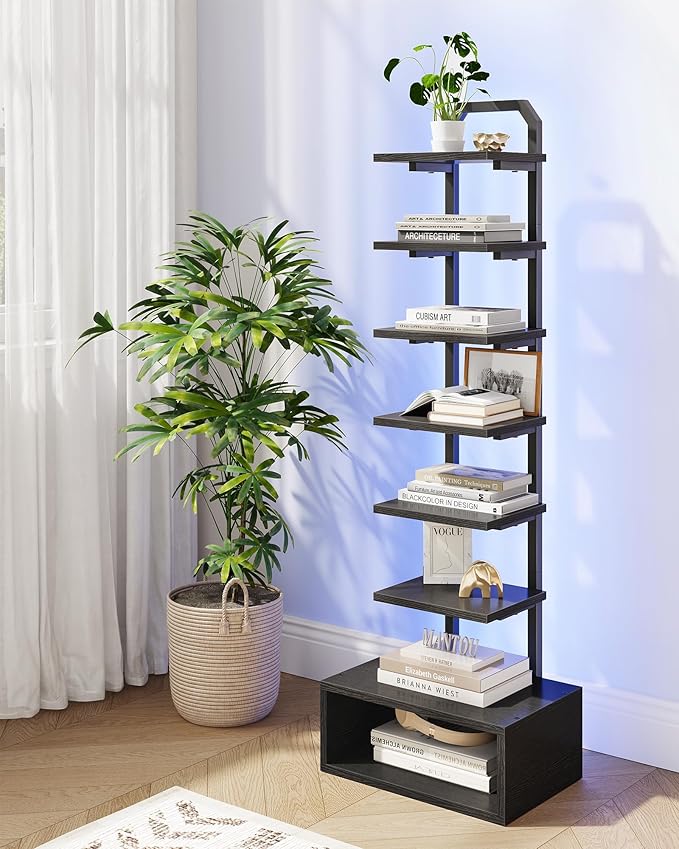 8-Tier Bookshelf, LED Bookcase with Semi-Open Bottom, Small Space Standing Shelf with Lights, Corner Storage Stand, for Living Room, Home Office, Bedroom, Black TSJ08DBB