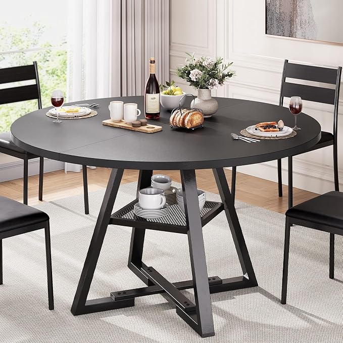 Round Dining Table for 4,Kitchen Dining Room Circle Dinner Pedestal Table,Space Saving Wood Kitchen & Dining Room Furniture (Black, 47In)