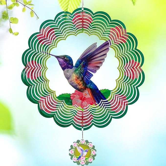 3D Hummingbird Wind Spinners for Yard and Garden Patio Decor 12 Inch Outdoor Metal Stainless Steel Wind Spinner Unique Gift Holiday Wind Sculptures