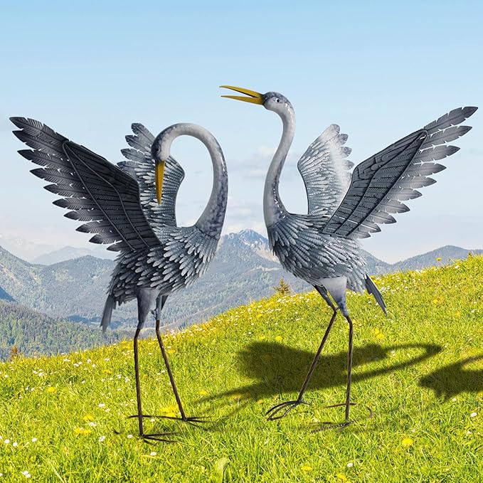 24-27 Inch Standing Crane Garden Sculptures & Statues, Crane Metal Yard Art for Backyard, Lawn, Patio, Porch, Birthday, Wedding Decorations, Gray