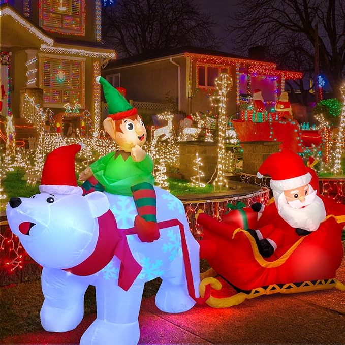 Max Fun 9.5Ft Christmas Inflatables Outdoors Decorations Santa Claus on Sleigh LEDs Build-in Blow Up Christmas Yard Inflatable Decoration for Outdoor Indoor Garden Lawn