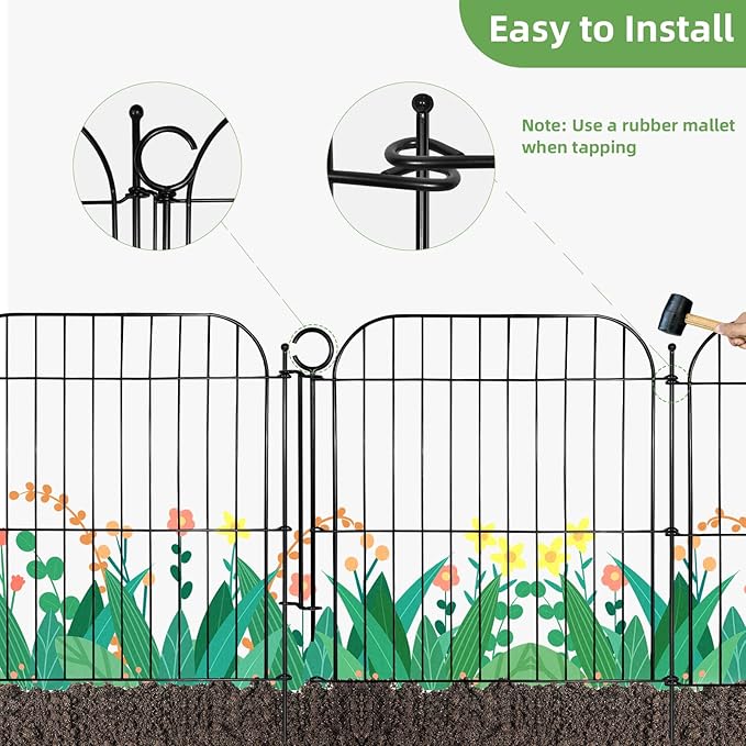 10 Panels No Dig Decorative Garden Fence with Gate, 24 in(H) x 20 ft(L) Rustproof Metal Wire Fencing Border for Yard Outdoor Decor, Temporary Animal Barrier with Stakes for Small Pets