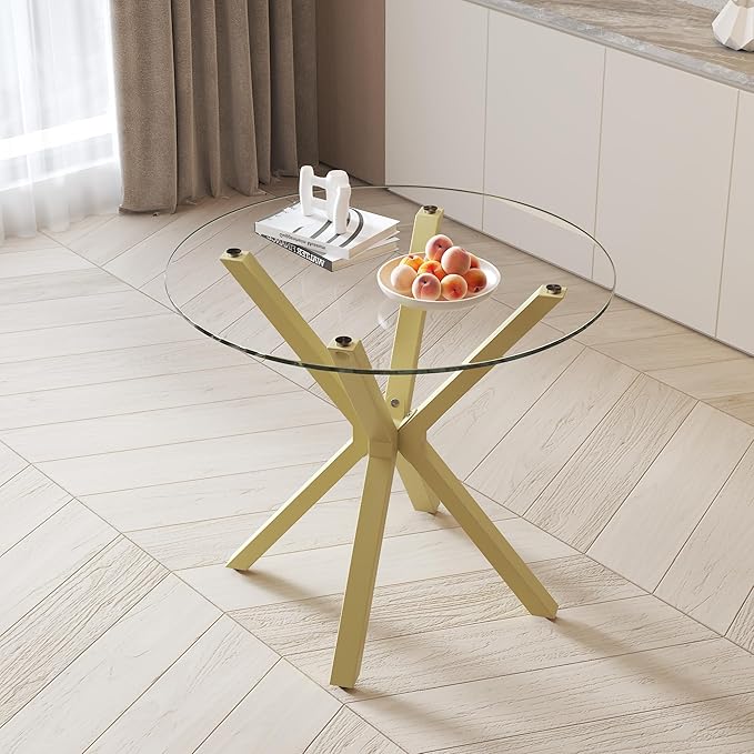 Tempered Glass Dining Table for 2-4, 36 Inch Round Kitchen Table with Gold Metal Legs Modern Dinner Table for Dining Room Kitchen