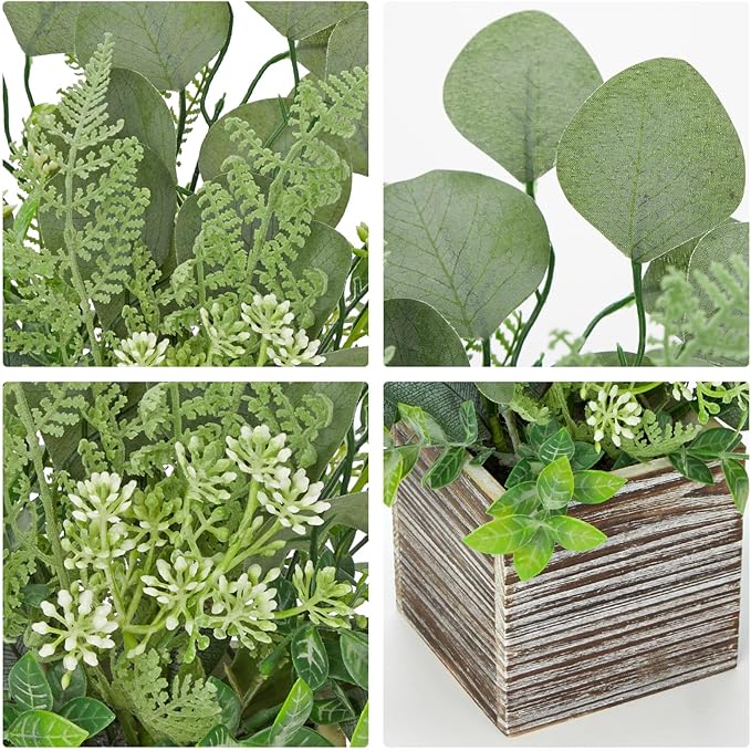 Hollyone 2Pcs Artificial Eucalyptus Plant in Rustic Wood Planter 14" Faux Eucalyptus Fern Greenery Arrangement Potted Plant Centerpiece for Farmhouse Home Indoor Wedding Table Shelf Kitchen Decor