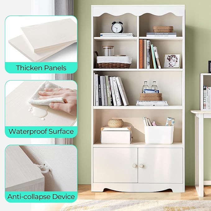 LINSY HOME 5 Shelf Bookcase Wooden, 63" Tall Bookshelf with Doors, Open Floor Standing Cube Shelf Bookcase Libreros, Beige Modern Book Shelf for Bedroom, Living Room, Home Office, White Oak