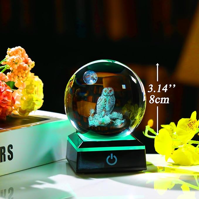 Qianwei Owl Gifts for Women 3D Crystal Ball 3.14'' - Laser Owl Decor Glass Animals Bird Figurines Statue Stuff for Room Decorations Bird Night Light