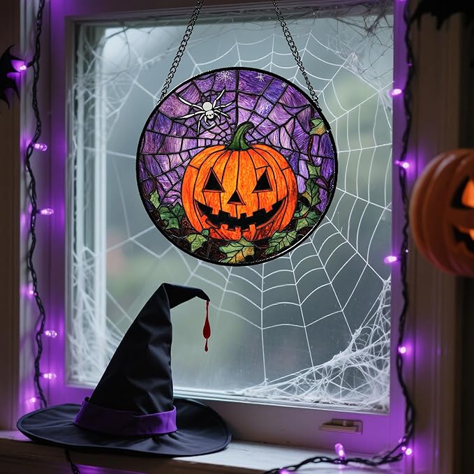 Stained Glass Window Hanging Halloween Golden Yellow Horror Pumpkin 6.3" - Suncatcher Door Garden Sunroom Gothic Style Sun Catcher Birthday for Friend Mom Men Woman Nana