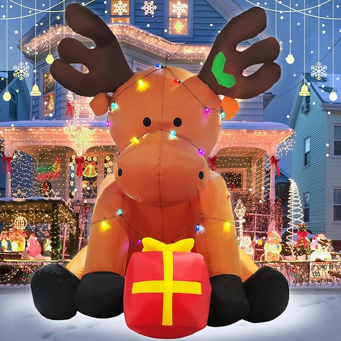 8 FT Christmas Inflatable Outdoor Decorations, Giant String Lights Reindeer Blow up Yard Decor with Red Gift Box, 26 LED Lights Xmas Holiday Decorations for Outside Lawn Garden Indoor