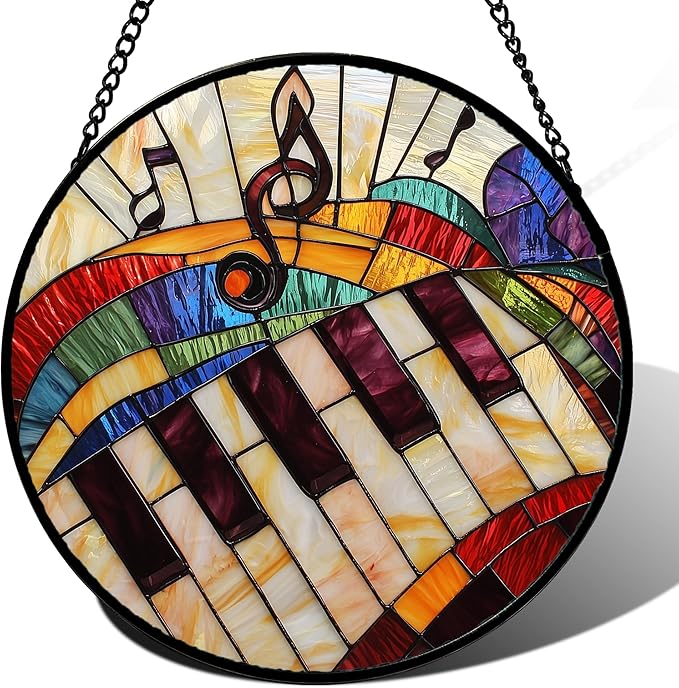 Stained Glass Window Hanging, Piano Notes Sun Catchers Glass Panel Suncatcher Decor for Birthday for Women, Men, Wife, Aunt, and Mom 14.9x14.9 in