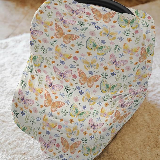 Watercolor Butterflies Spring Floral Baby Car Seat Covers Pastel Flowers Leaves Stretchy 5-in-1 Cover Adjustable Infant Carseat Canopy Cover Easter Garden Breathable Nursing Cover-Up Yellow