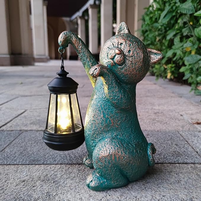 JOYBEE Garden Statues Cat with Solar Lantern Outdoor Decor-Cat Solar Figurines Lights Decorations for Patio Yard Lawn Ornaments-Gifts for Birthday Easter Housewarming