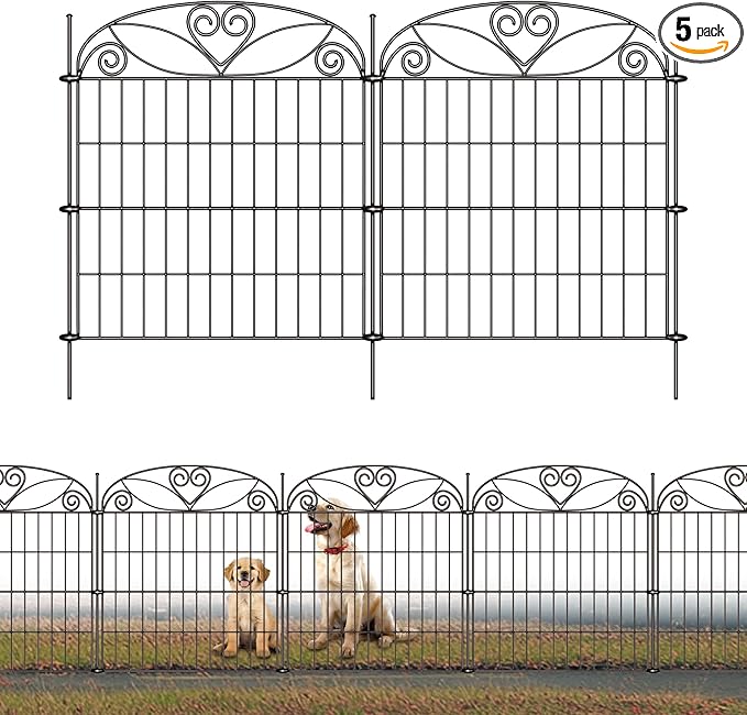 5 Panels No Dig Decorative Outdoor Garden Fence, 32 in(H) X 11.8 ft(L) Animal Barrier Fencing, Rustproof Portable Fence, Temporary Dog Fence Outdoor for Yard, Outside, Backyard, Patio