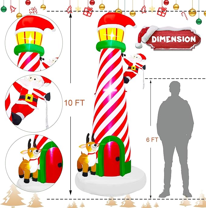 Lulu Home 10FT Christmas Inflatable Decoration, Giant Lighted Lighthouse Blowups with Santa and Reindeer, Air-Blown Ornaments with Storage Bags for Xmas Winter Yard Lawn Garden Outdoor Decor