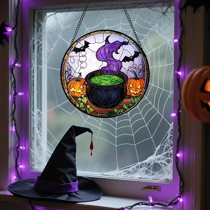 Stained Glass Window Hanging Halloween Scary Pumpkin Bat Magic Liquid 7.8" - Suncatcher Door Garden Sun Catcher Gothic Home Decor Birthday Horror Gifts for Mom Men Woman Friend