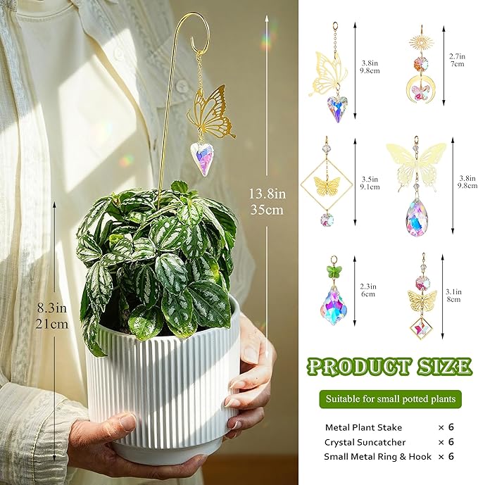 HDCRYSTALGIFTS 6pcs Crystal Butterfly Suncatchers with 13'' Gold Trellis for Mini Potted Plants Decorations, Garden Indoor Plant Accessories Fairy Garden Sun Catchers, Plant Lover Gift