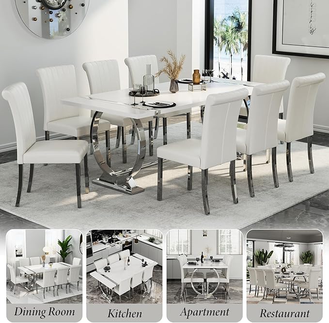 Asday 80 inch Dining Table, Luxury White and Silver Dining Room Table, Large Family Dining Table Modern Kitchen Table with Stainless Steel U-Base for Home Office Apartment