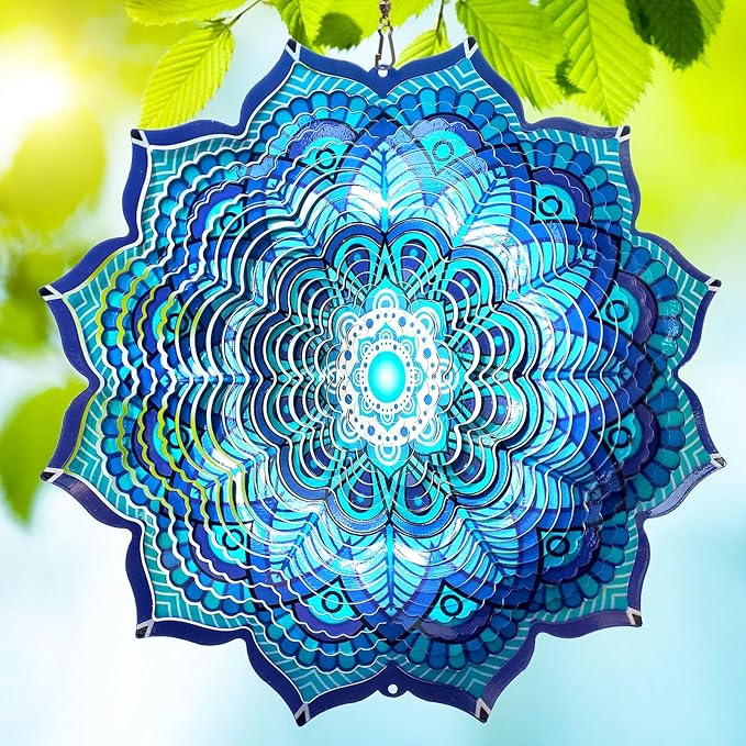 Goolyrusim Wind Spinner Mandala Rich Blue 12inch 3D Stainless Steel Wind Spinners Laser Cut Metal Hanging Wind Sculptures Kinetic Yard Art Decoration Garden Ornament Indoor/Outdoor Décor Worth Gift