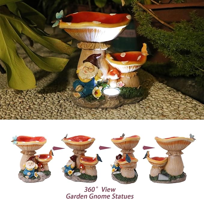 Garden Gnome Statue, Solar Powered Gnome Figurine with Mushroom Decor, Waterproof Resin Lawn Ornamnets for Outdoor Patio Yard Home Tabletop Deocr, Ideal Gifts for Mom